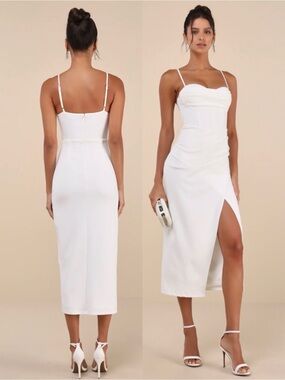 NWOT Lulu’s Always Turning Heads White Bustier Tulip Midi Dress Medium Bodycon